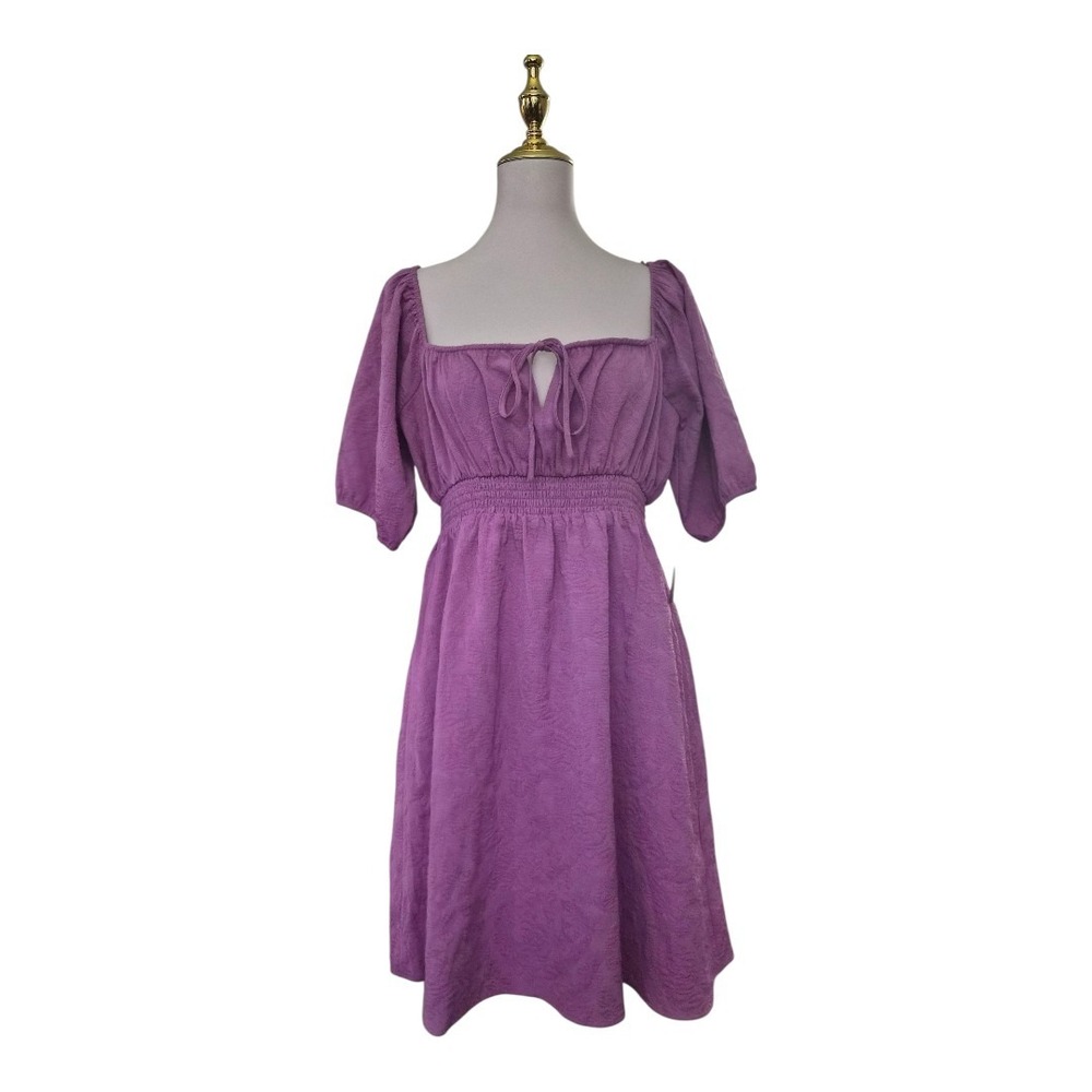 ModCloth Purple Puff Sleeve Square Neck Midi Dress Size M NWT Smocked Waist
